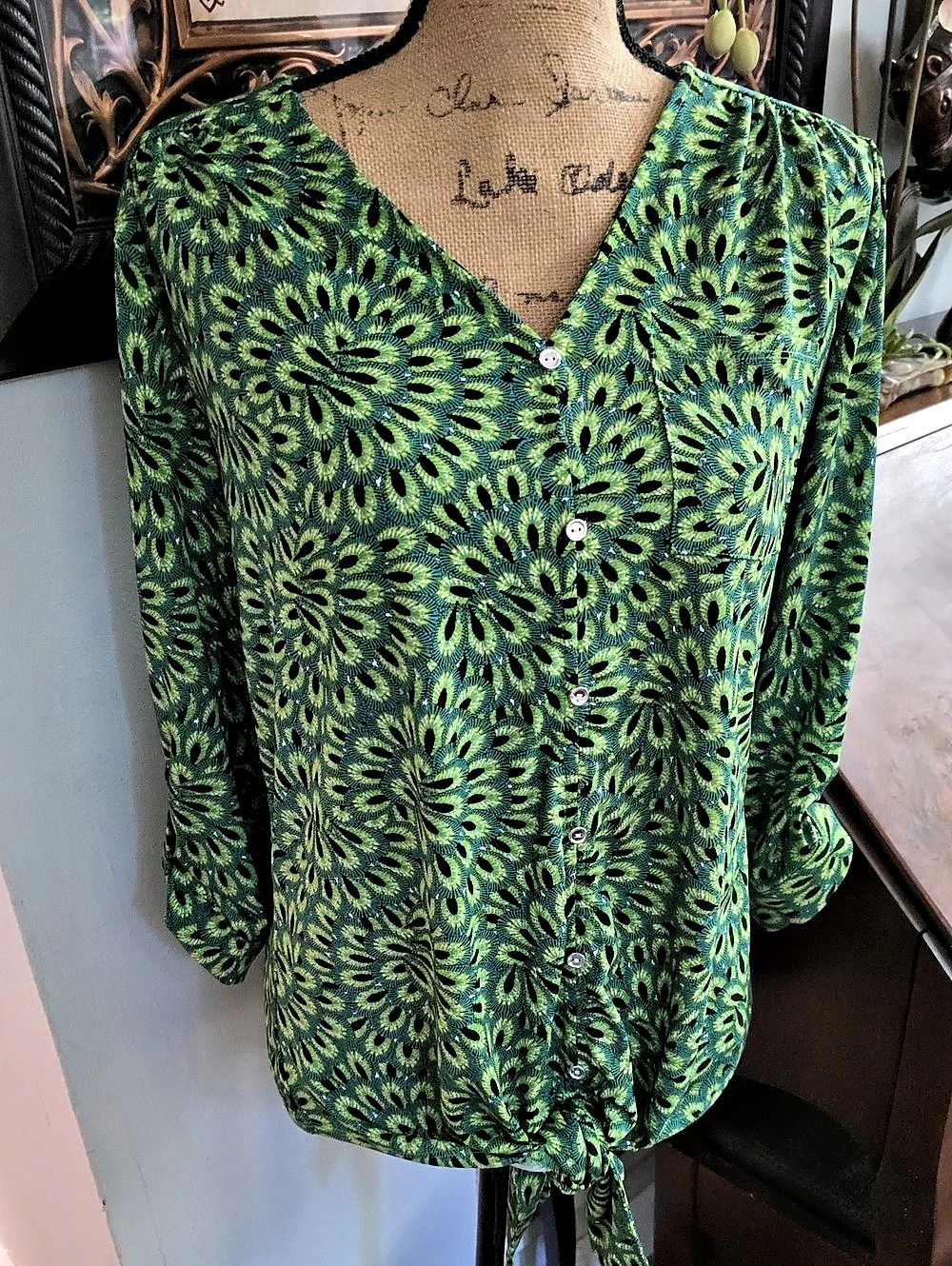 Floral Button Front Top in Green & Blue